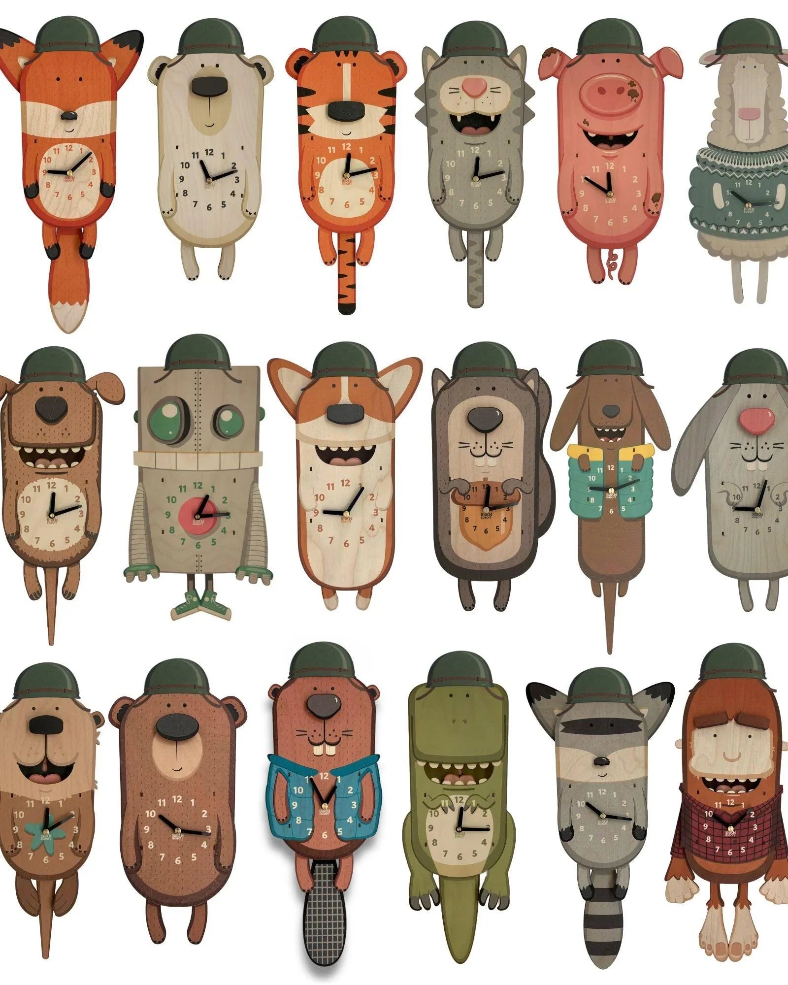 Handcrafted animal-shaped wall clocks with whimsical designs and unique details.