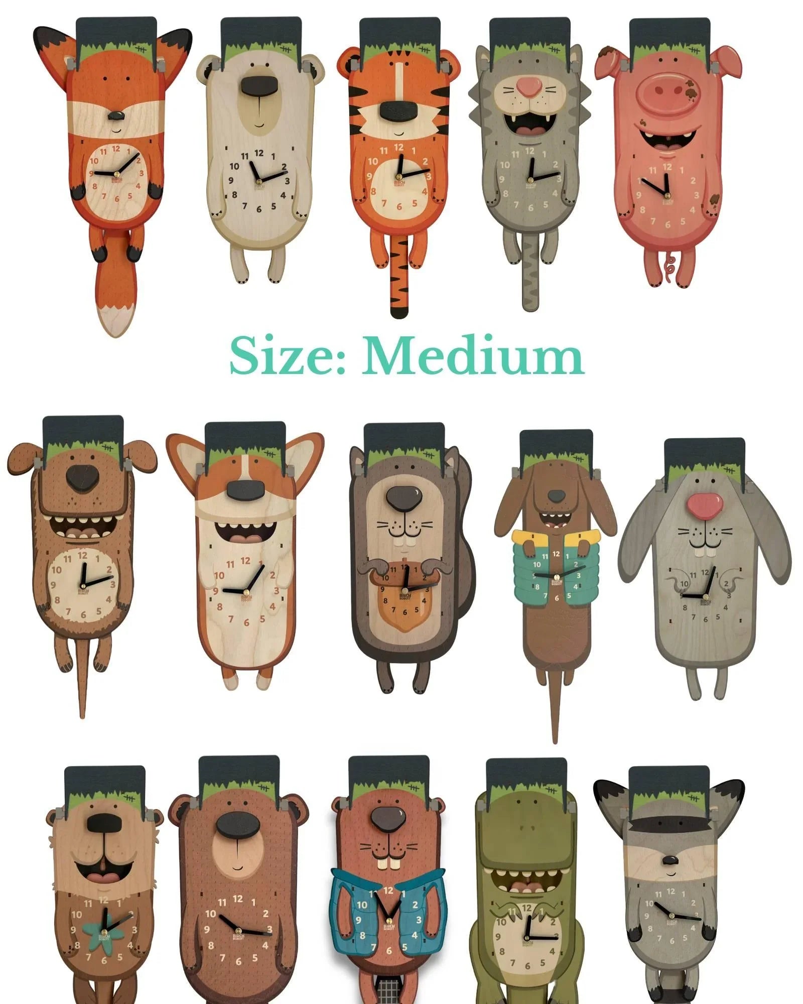 Handcrafted animal-shaped wooden wall clocks in various whimsical designs, medium size.