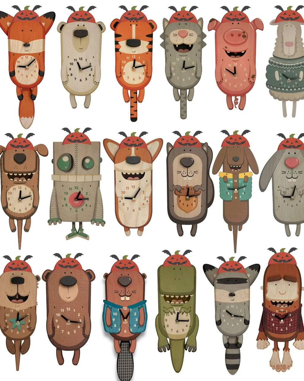 Handcrafted animal wall clocks with whimsical designs and pumpkin hats, arranged in rows.