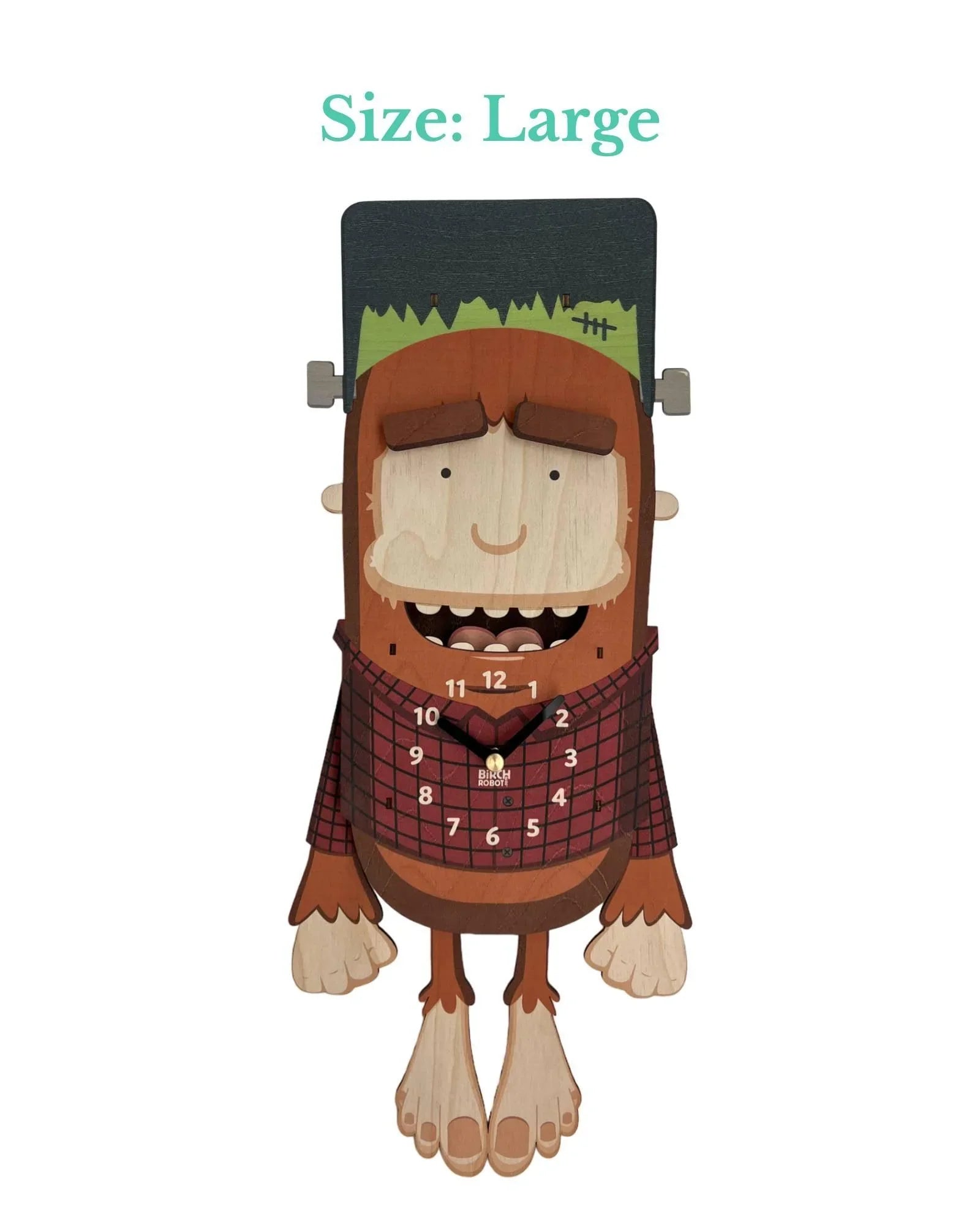 Large wooden monster wall clock with plaid shirt and playful cartoon design