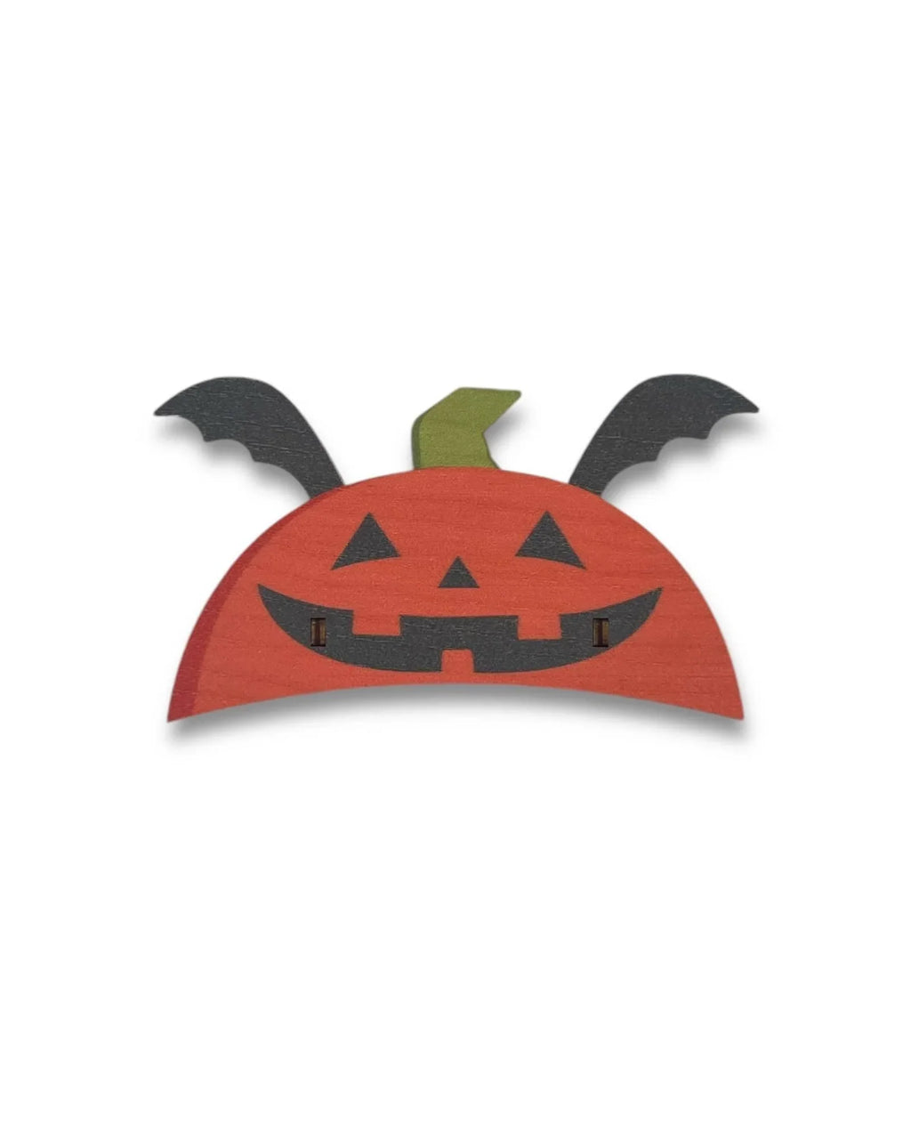 Handcrafted wooden clock shaped like a Jack-o'-lantern pumpkin with bat wings, Halloween decor