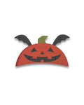 Handcrafted wooden clock shaped like a Jack-o'-lantern pumpkin with bat wings, Halloween decor