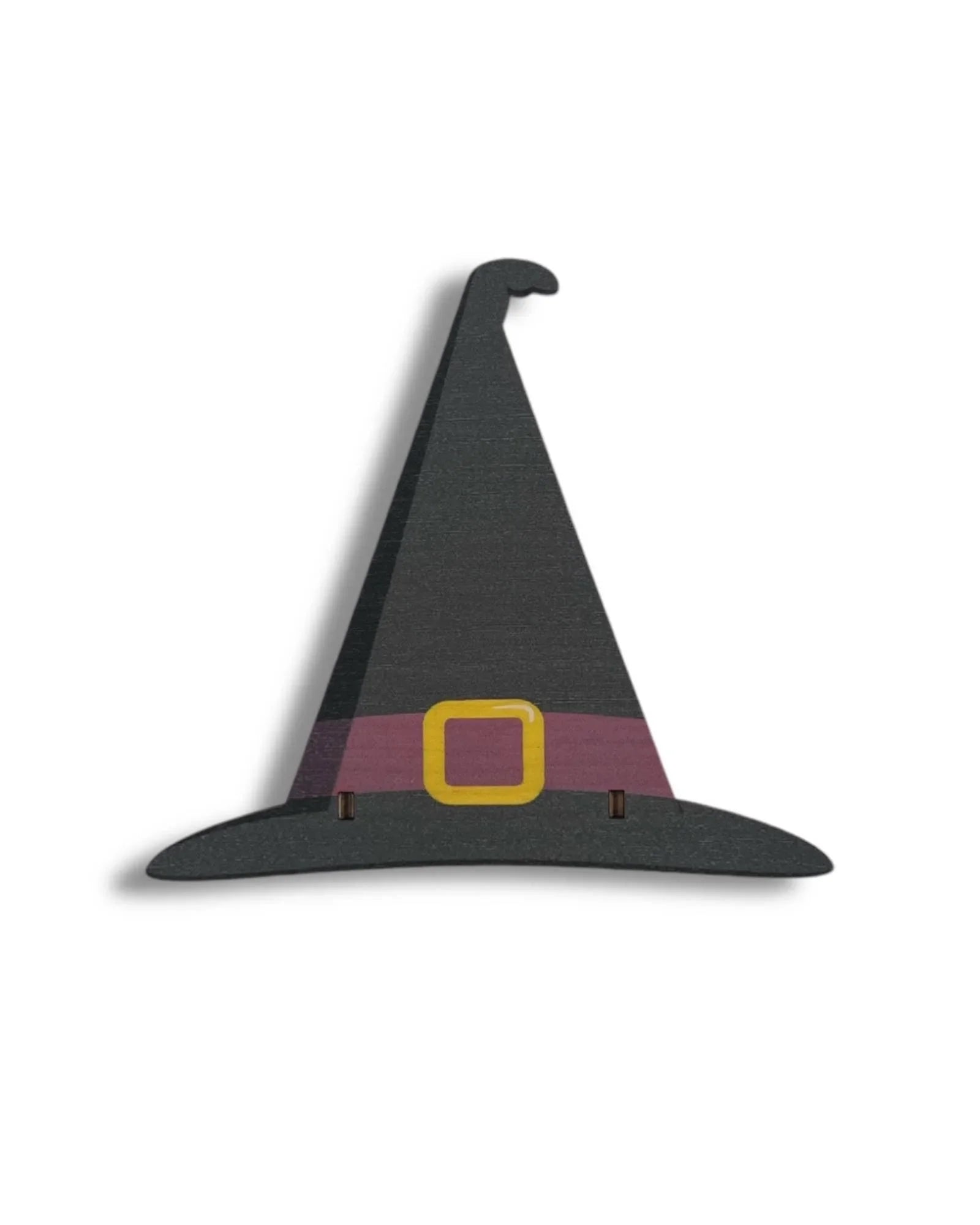 Handcrafted wooden clock shaped like a witch hat with buckle, unique wall decor