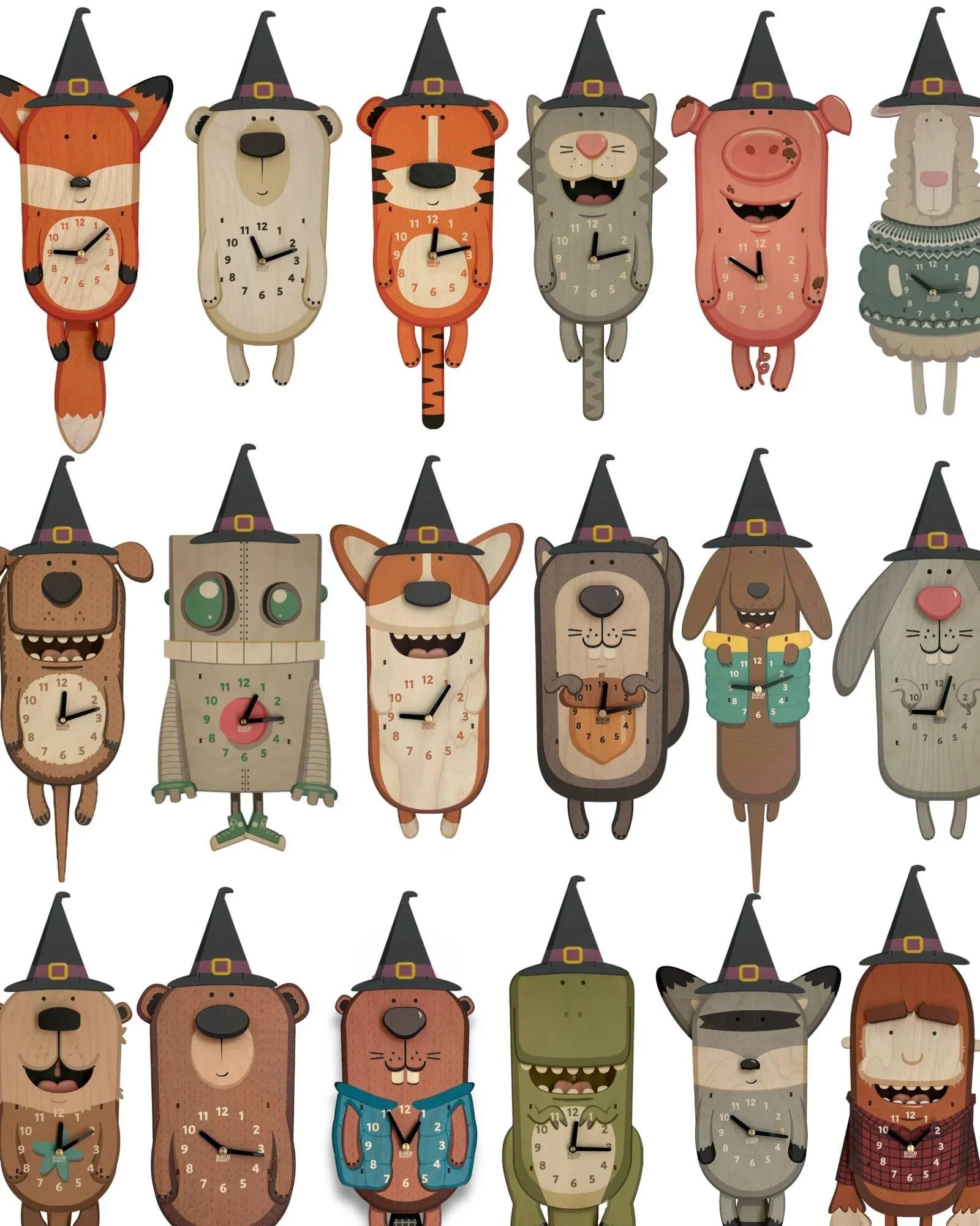Handcrafted animal wall clocks wearing witch hats, whimsical decor, wooden design