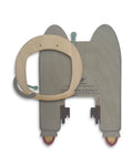 Back view of handcrafted wooden clock shaped like a jetpack with rocket details