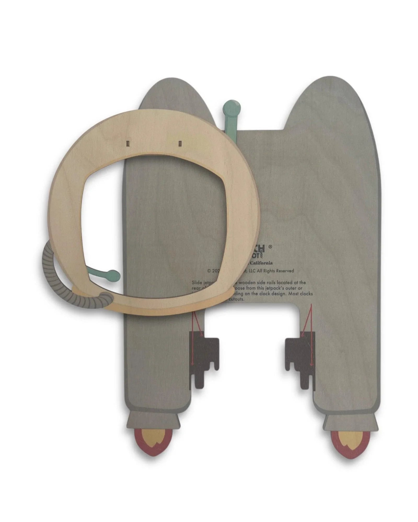 Back view of handcrafted wooden clock shaped like a jetpack with rocket details