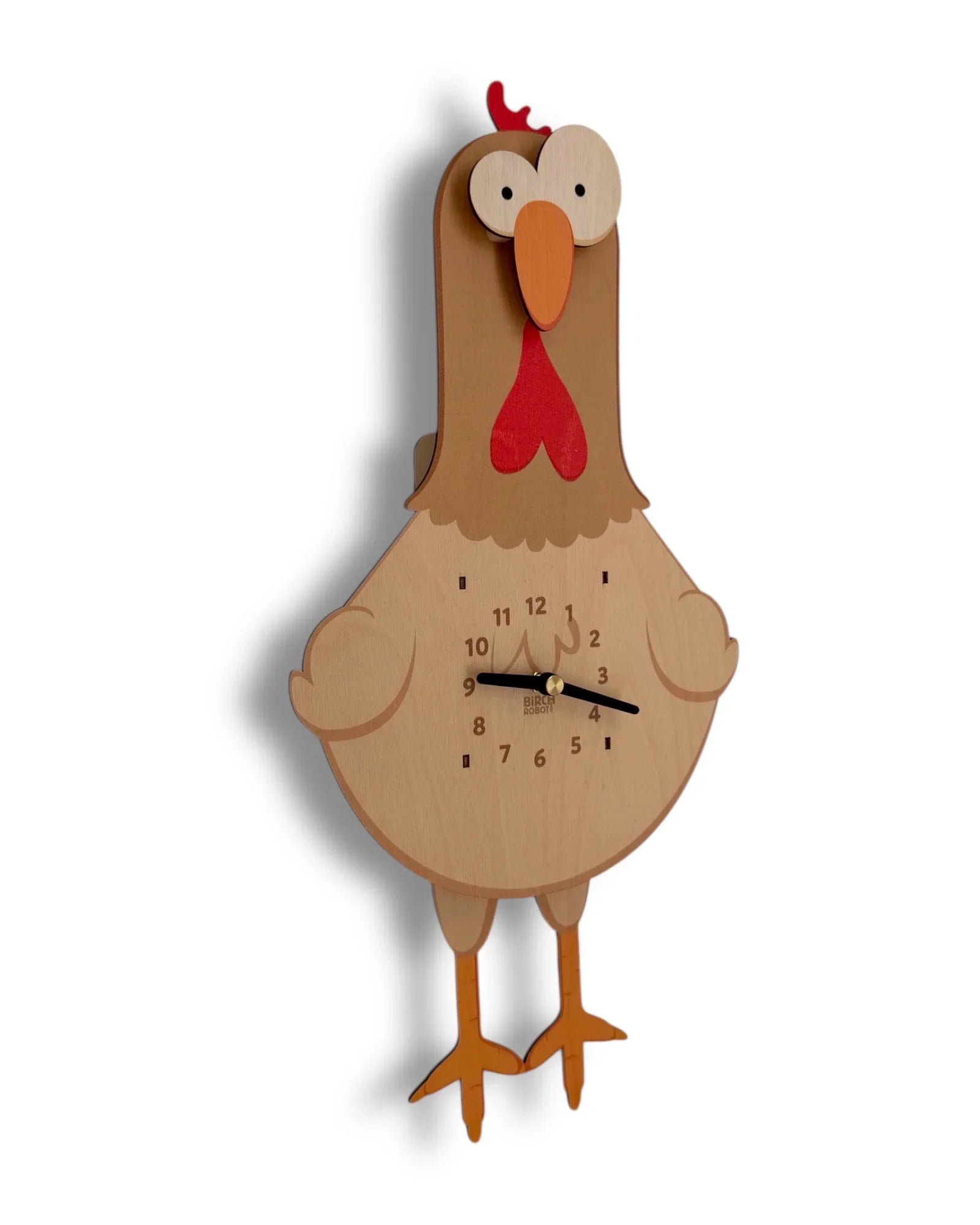 Whimsical handcrafted wooden chicken wall clock with quirky face and visible clock hands