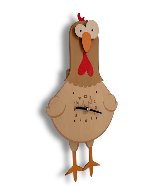 Whimsical handcrafted wooden chicken wall clock with quirky face and visible clock hands