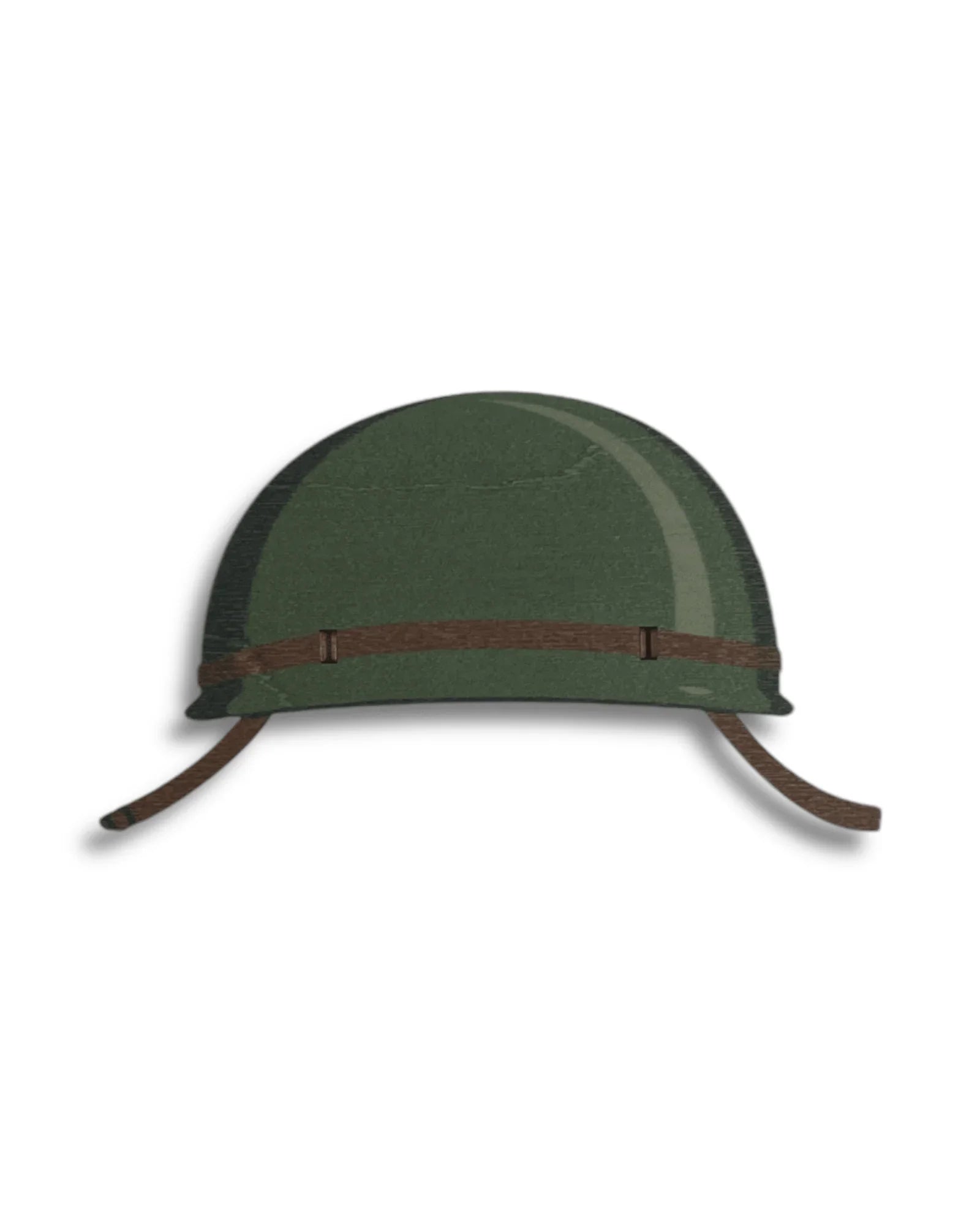Green army helmet with brown chin strap on white background, military headgear