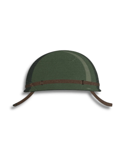 Green army helmet with brown chin strap on white background, military headgear