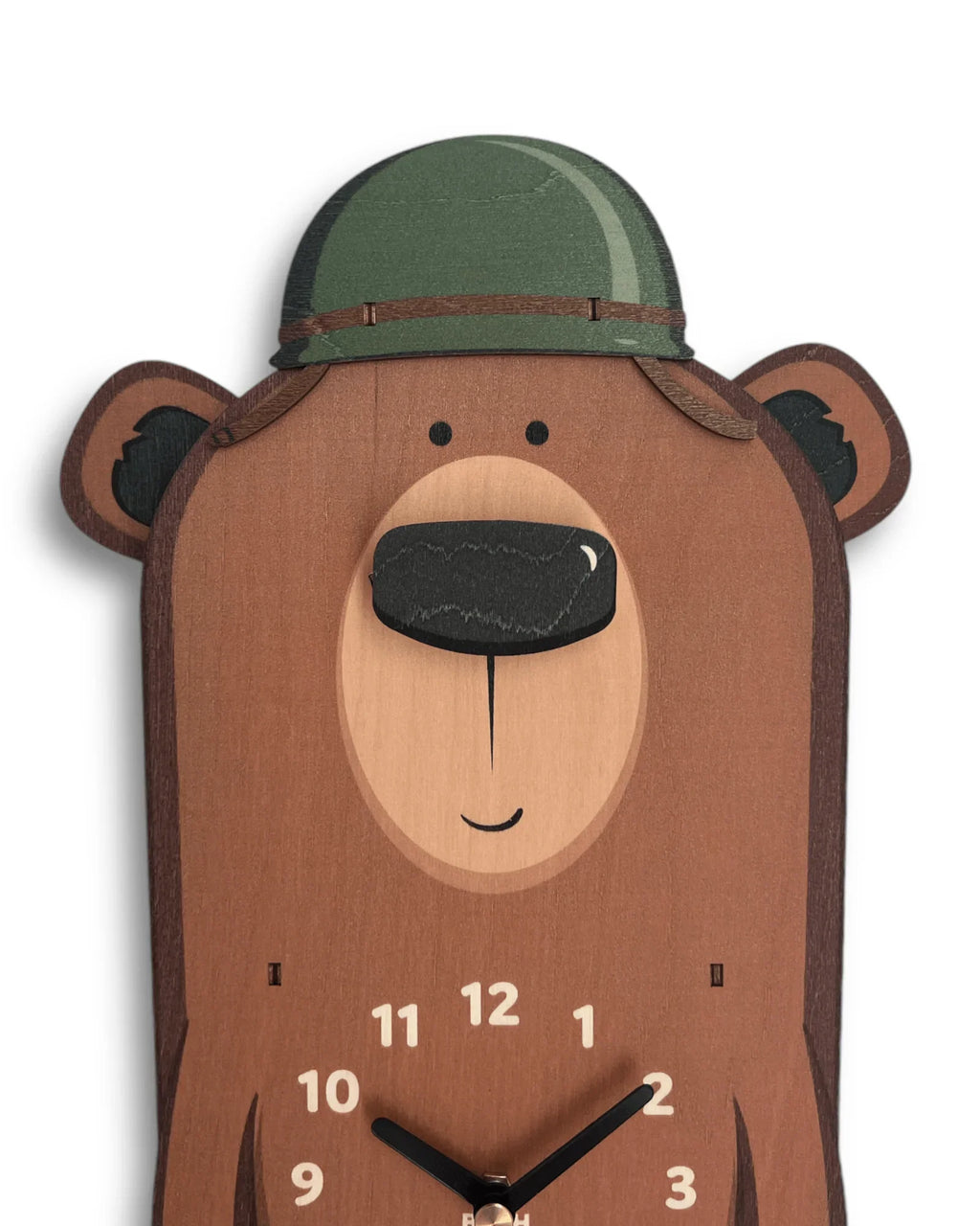 Whimsical bear wall clock with green helmet and wood finish, handcrafted design