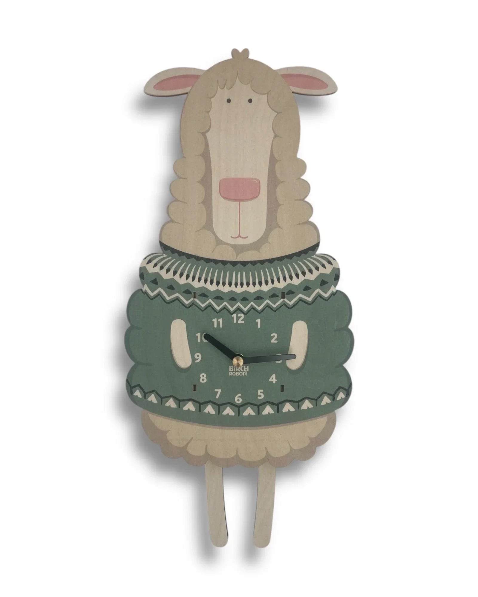 Handcrafted wooden wall clock shaped like a sheep in a green sweater
