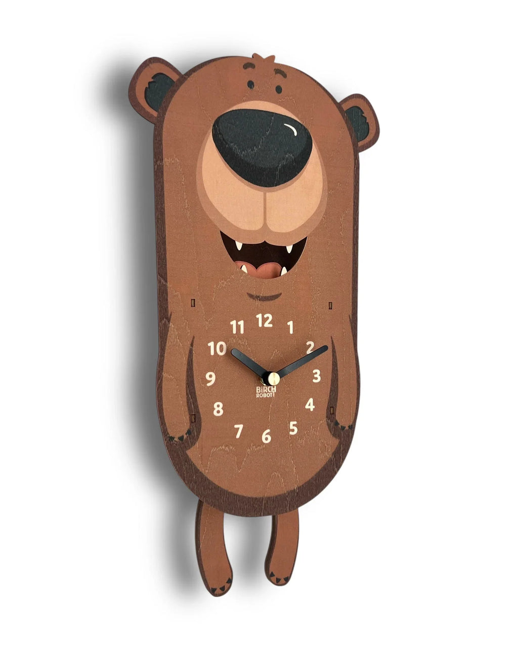 Cute bear-shaped wooden wall clock with black and white hands, whimsical design.
