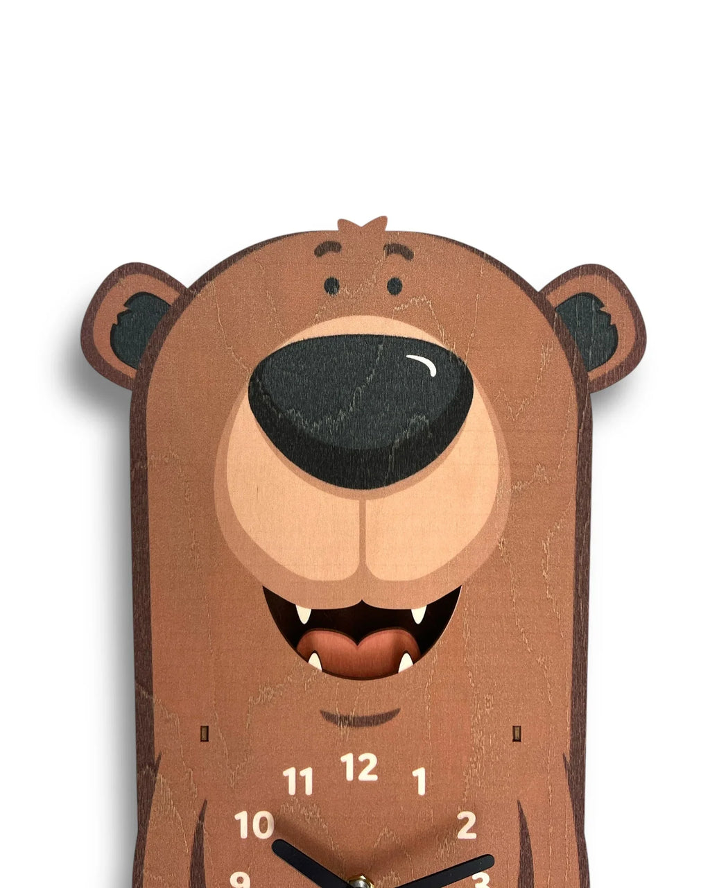 Handcrafted wooden wall clock shaped like a smiling cartoon bear face