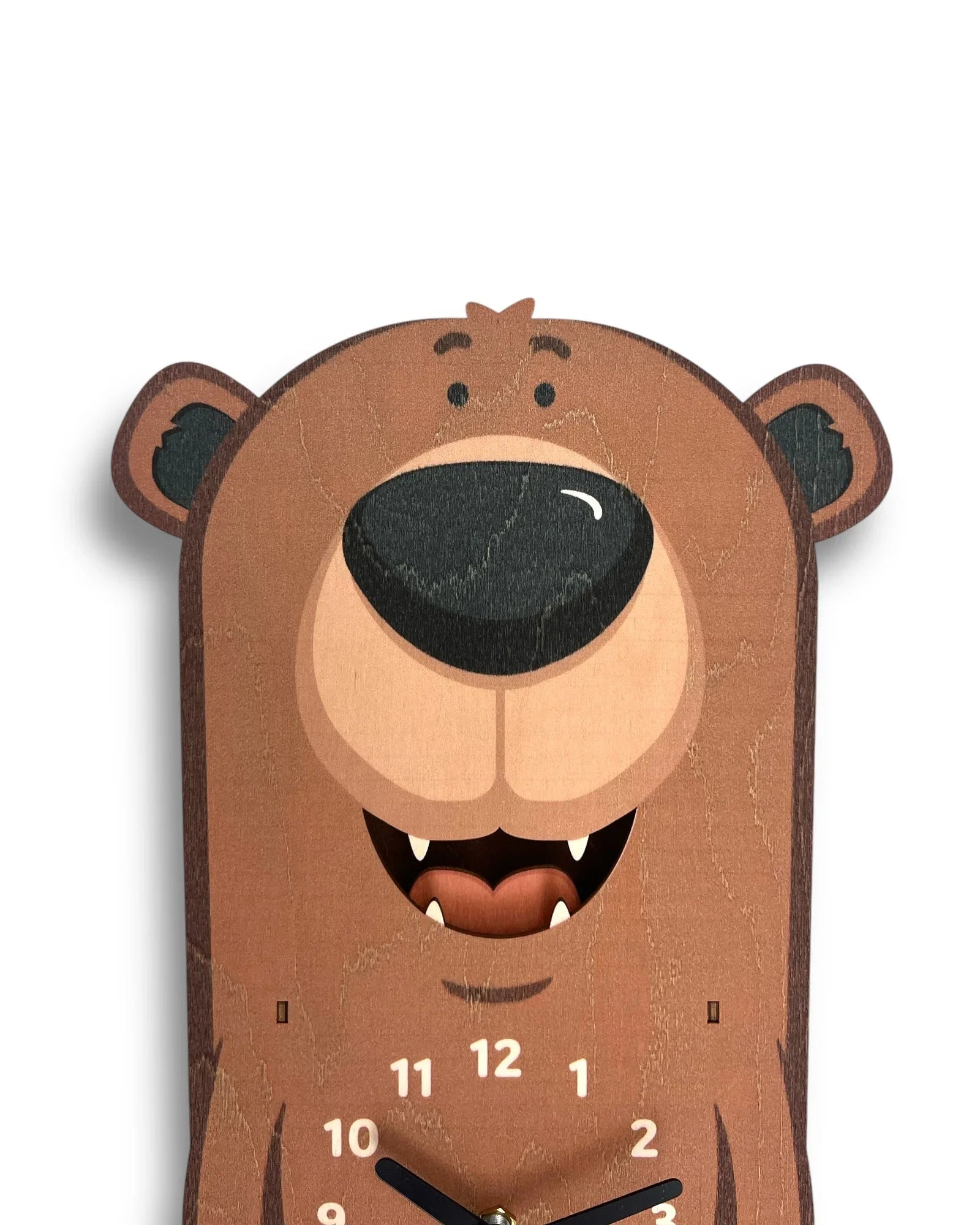 Handcrafted wooden wall clock shaped like a smiling cartoon bear face