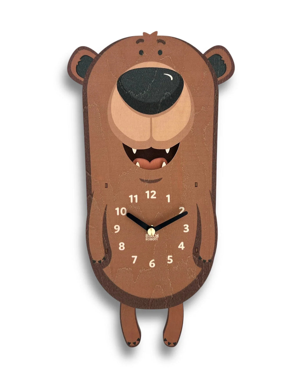 Cute bear-shaped wooden wall clock with playful face and visible clock hands.