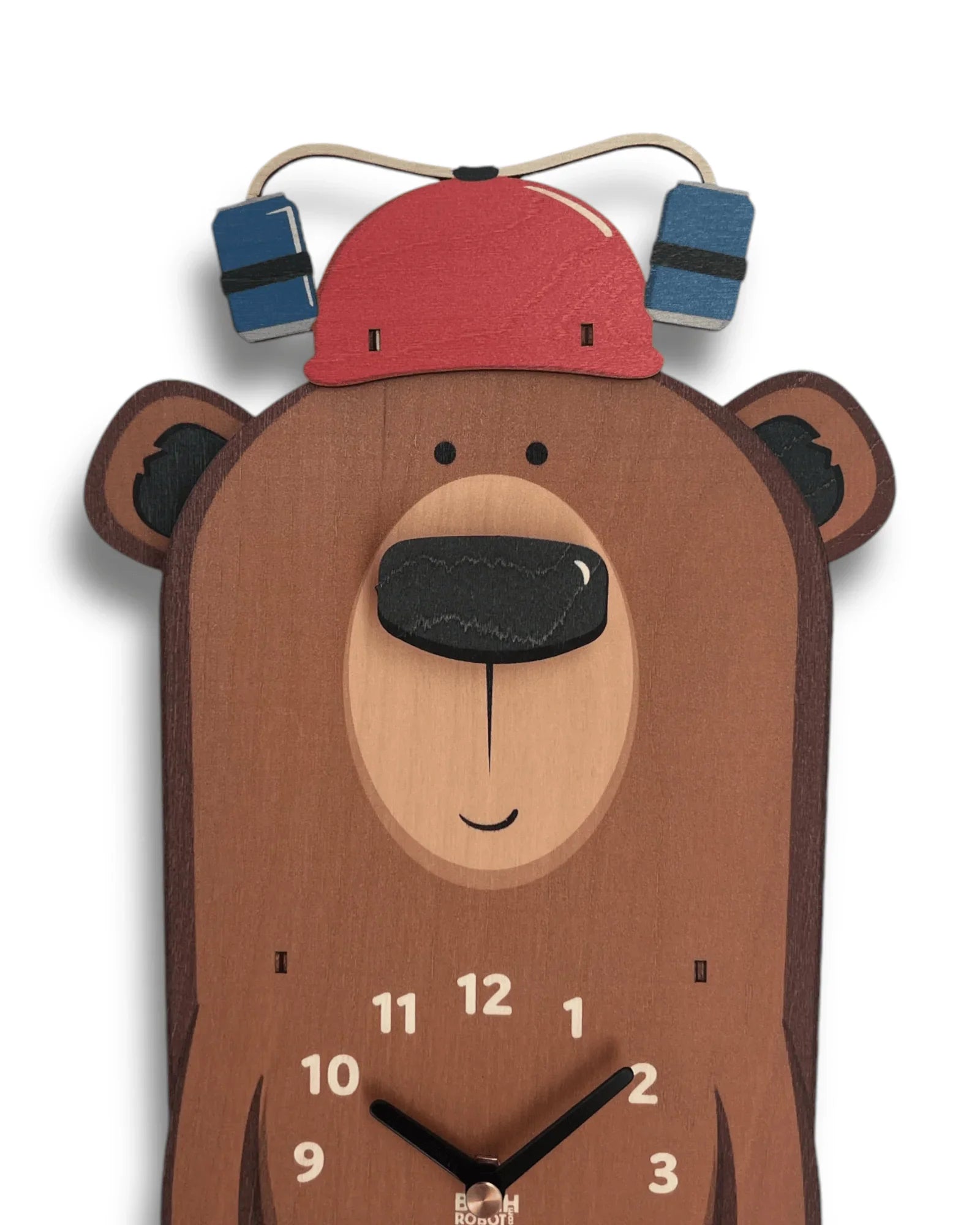Bear wall clock with a red helmet and blue cans, whimsical handcrafted wooden decor