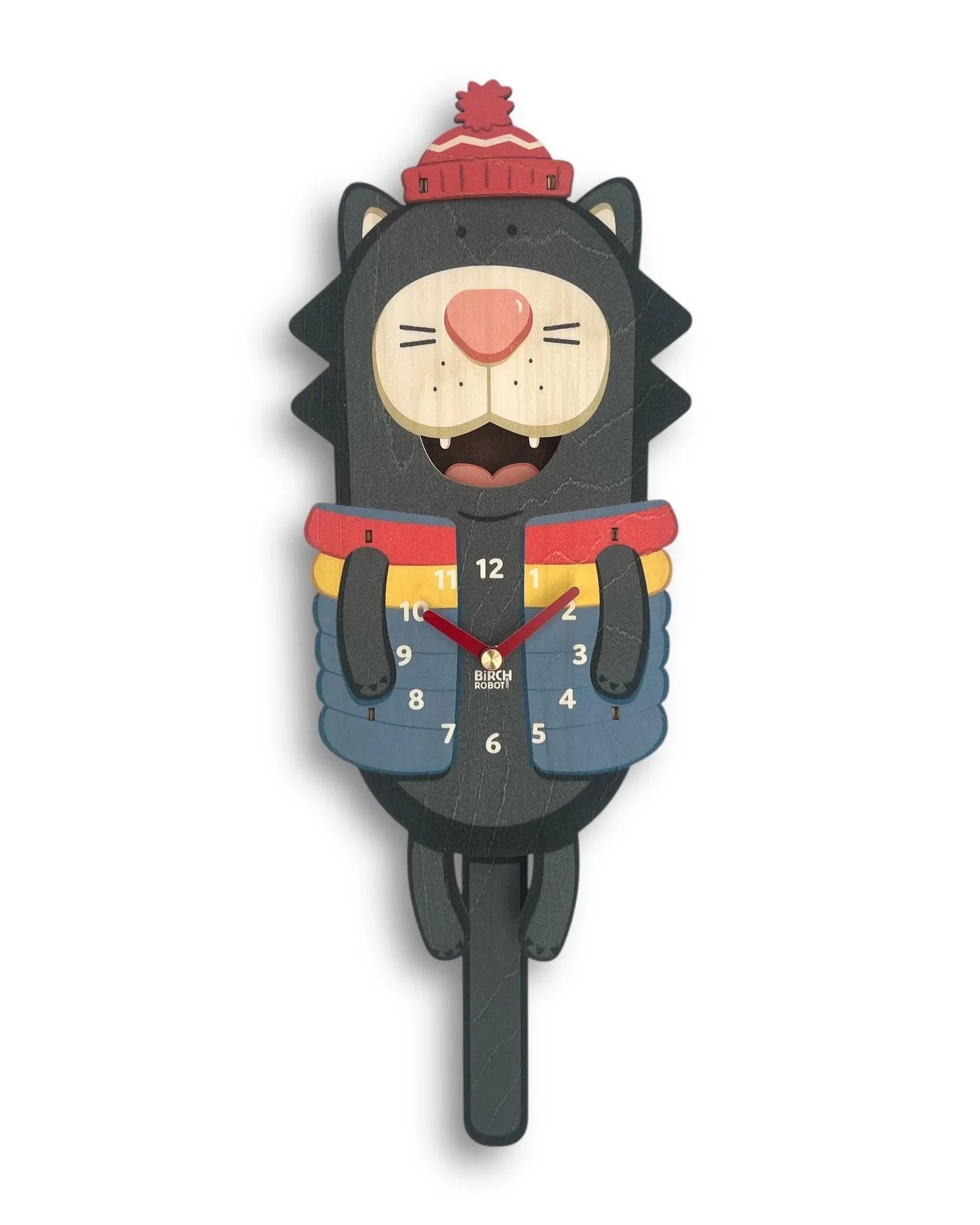 Handcrafted wall clock shaped like a black cat in a red hat and colorful sweater