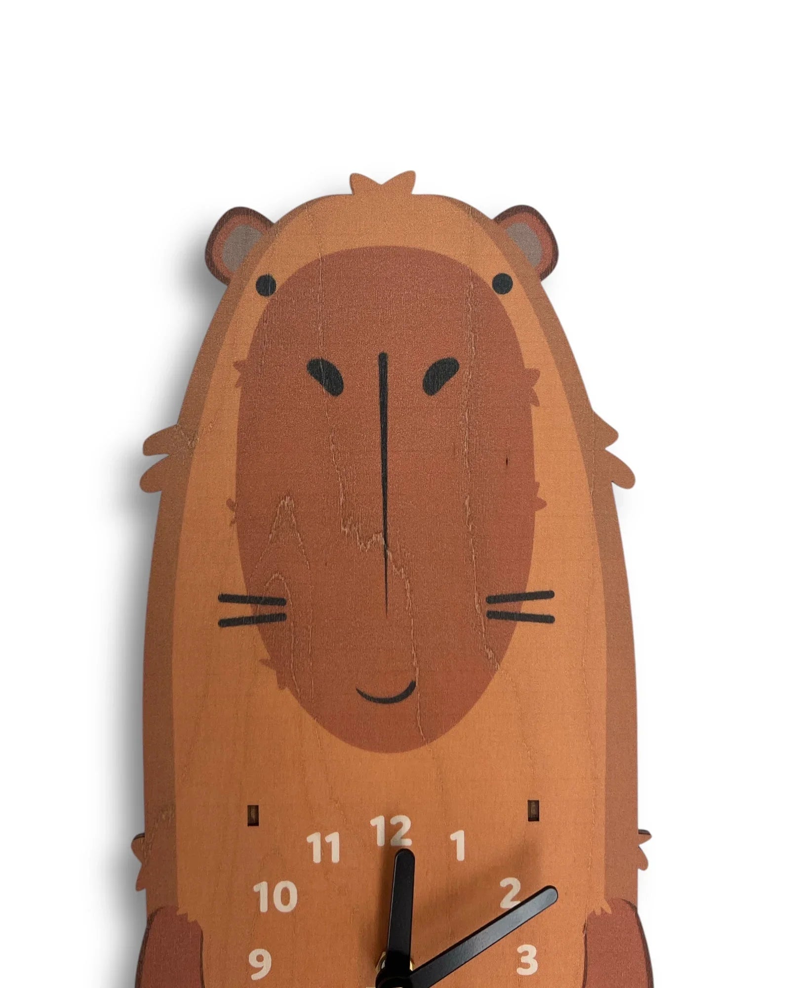 Capybara-shaped wooden wall clock with minimalist numbers and clock hands