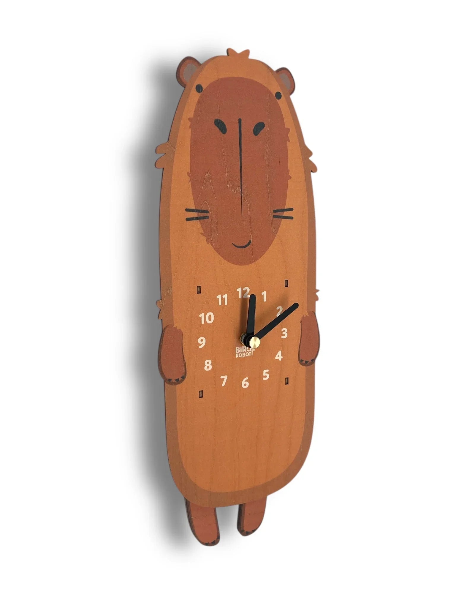 Wooden wall clock shaped like a capybara with minimalist animal design on white background.