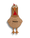 Whimsical wooden chicken wall clock with cartoon design and visible clock face