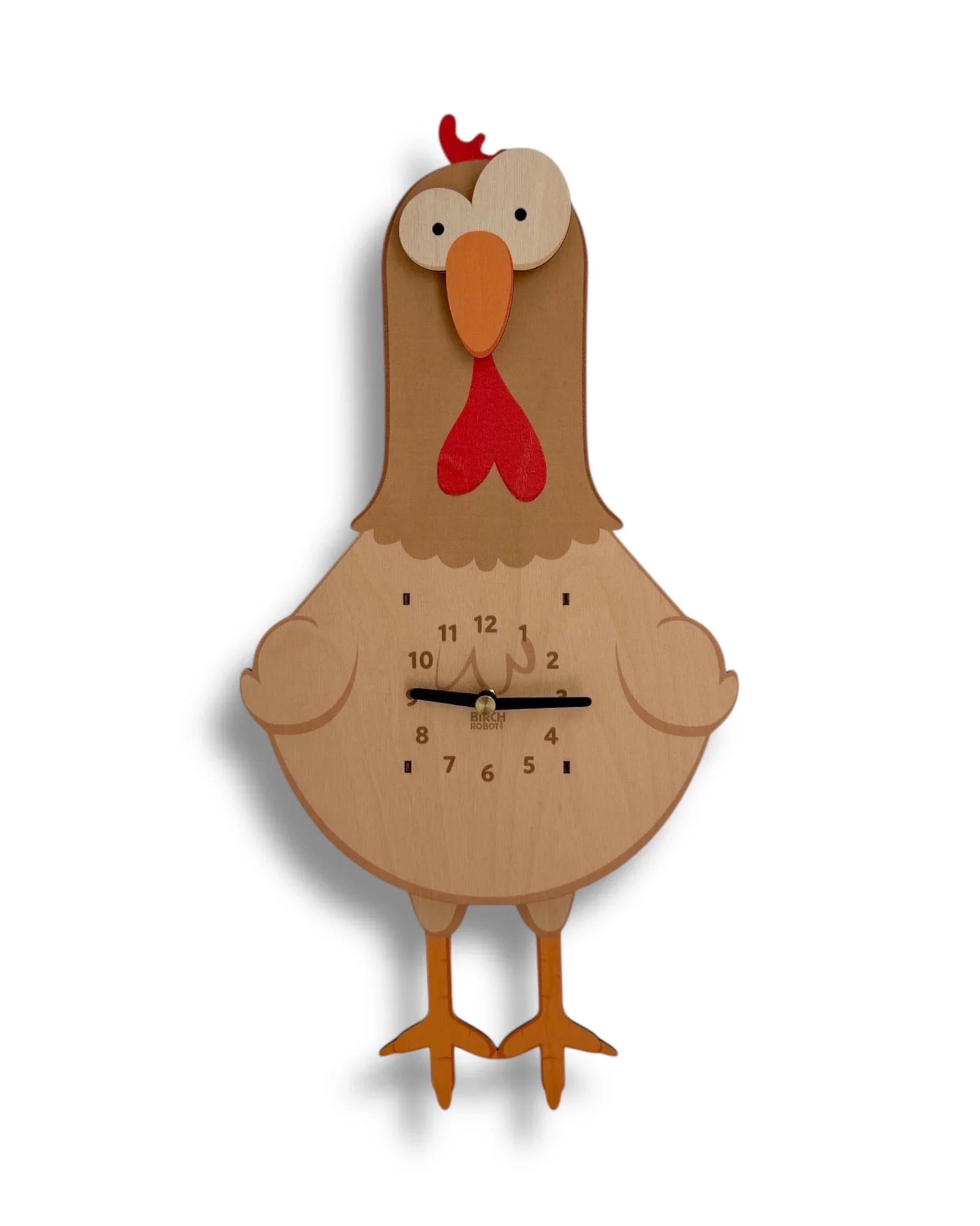 Whimsical wooden chicken wall clock with cartoon design and visible clock face