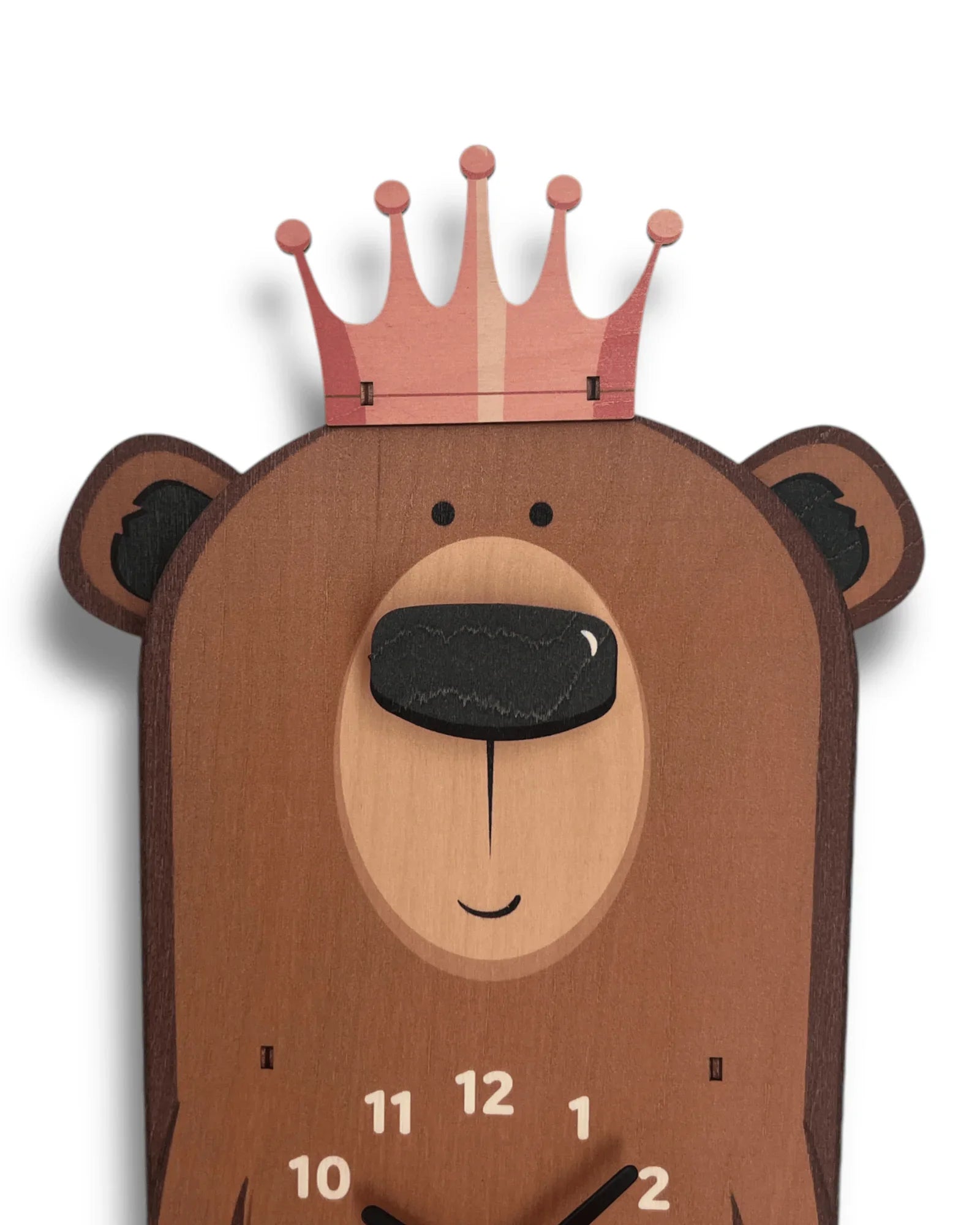 Wooden bear wall clock with a pink crown and white numbers, handcrafted for kids' decor.