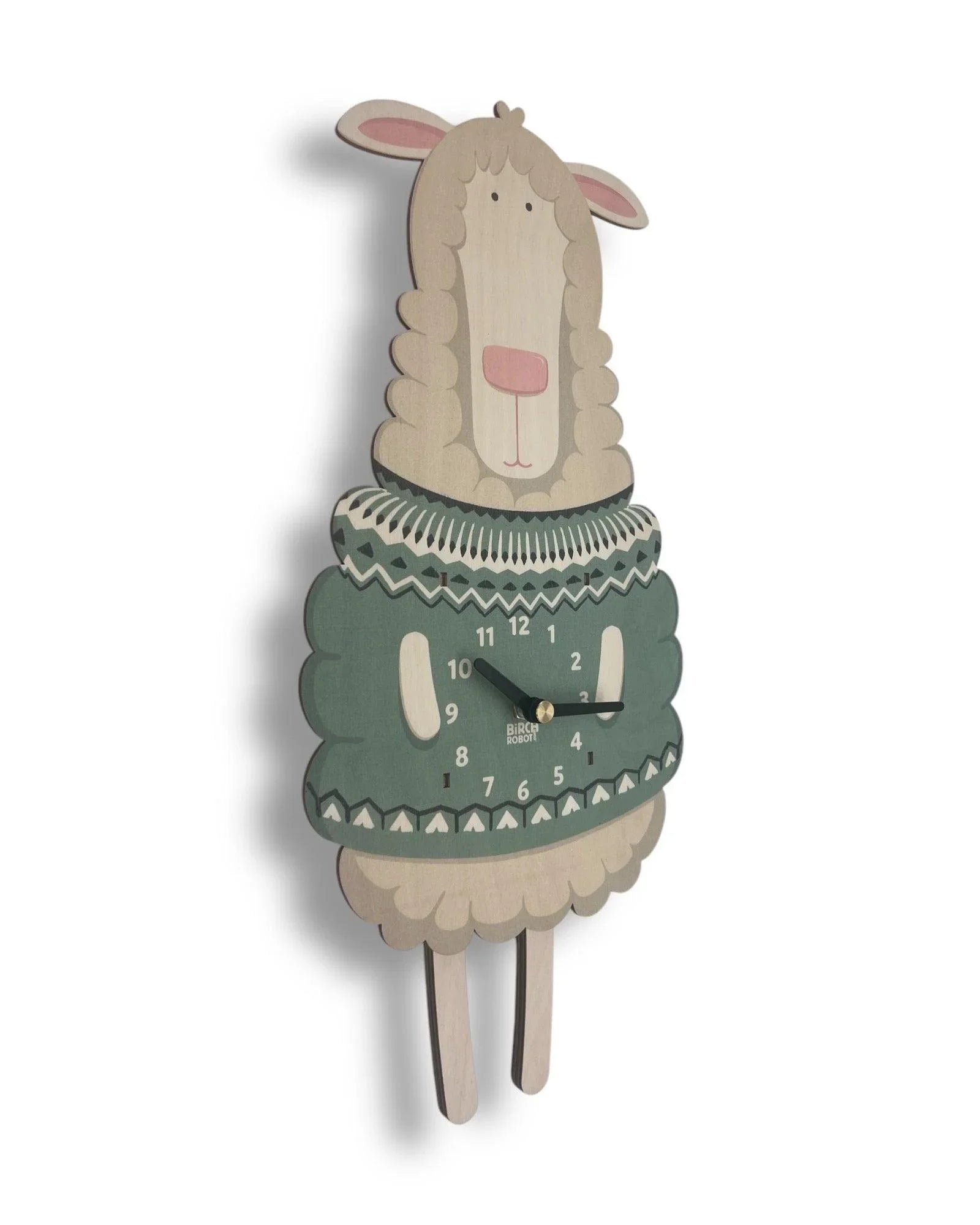 Whimsical sheep-shaped wall clock with green sweater, handcrafted decorative timepiece