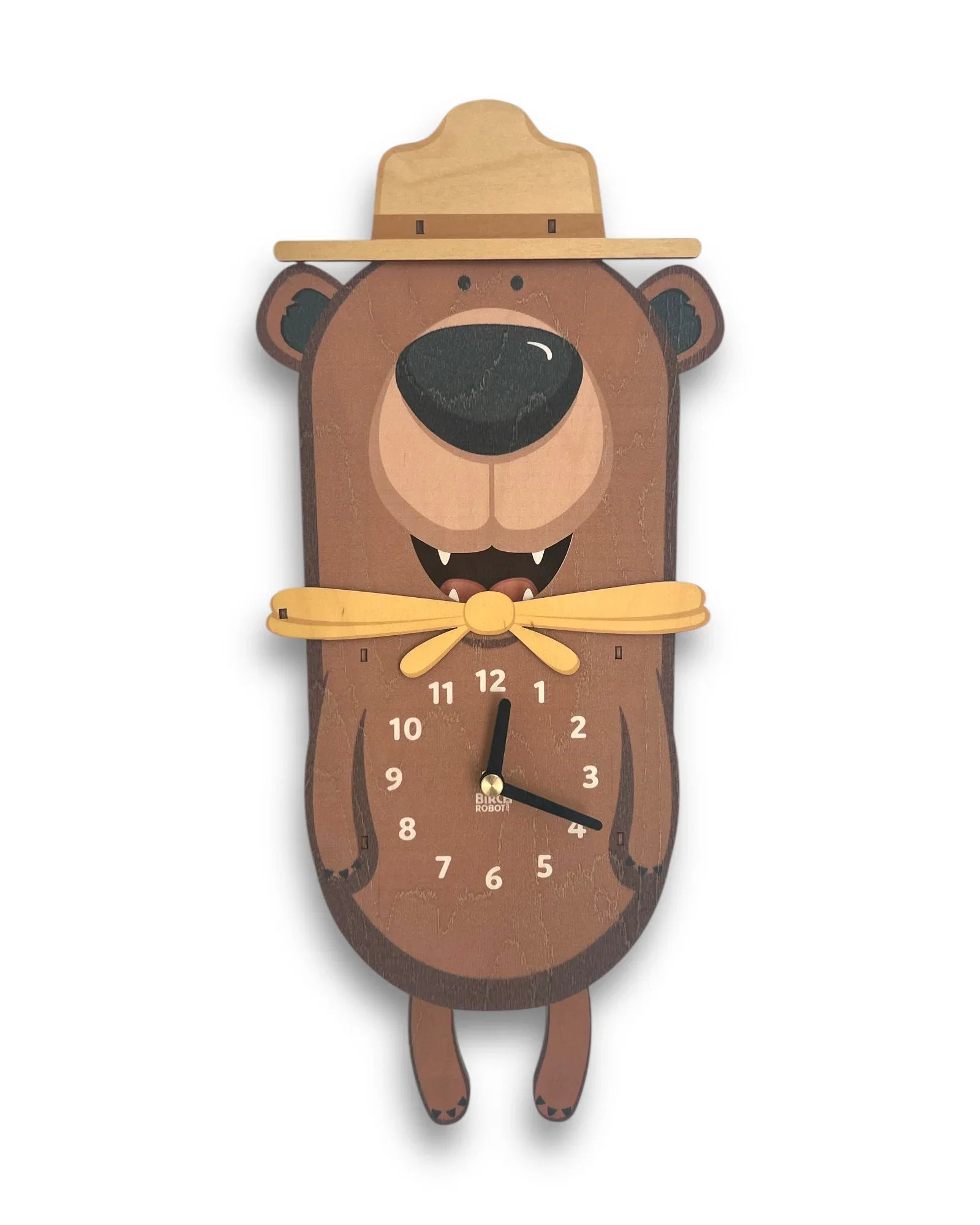 Handcrafted bear-shaped wall clock with ranger hat and scarf, whimsical wooden decor