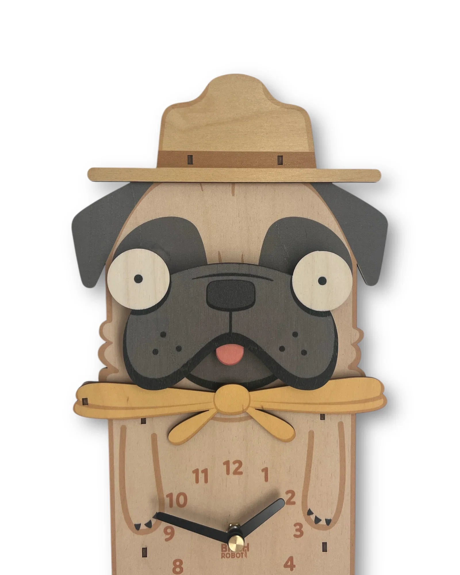 Wooden wall clock shaped like a pug dog in ranger hat and scarf, unique home decor.