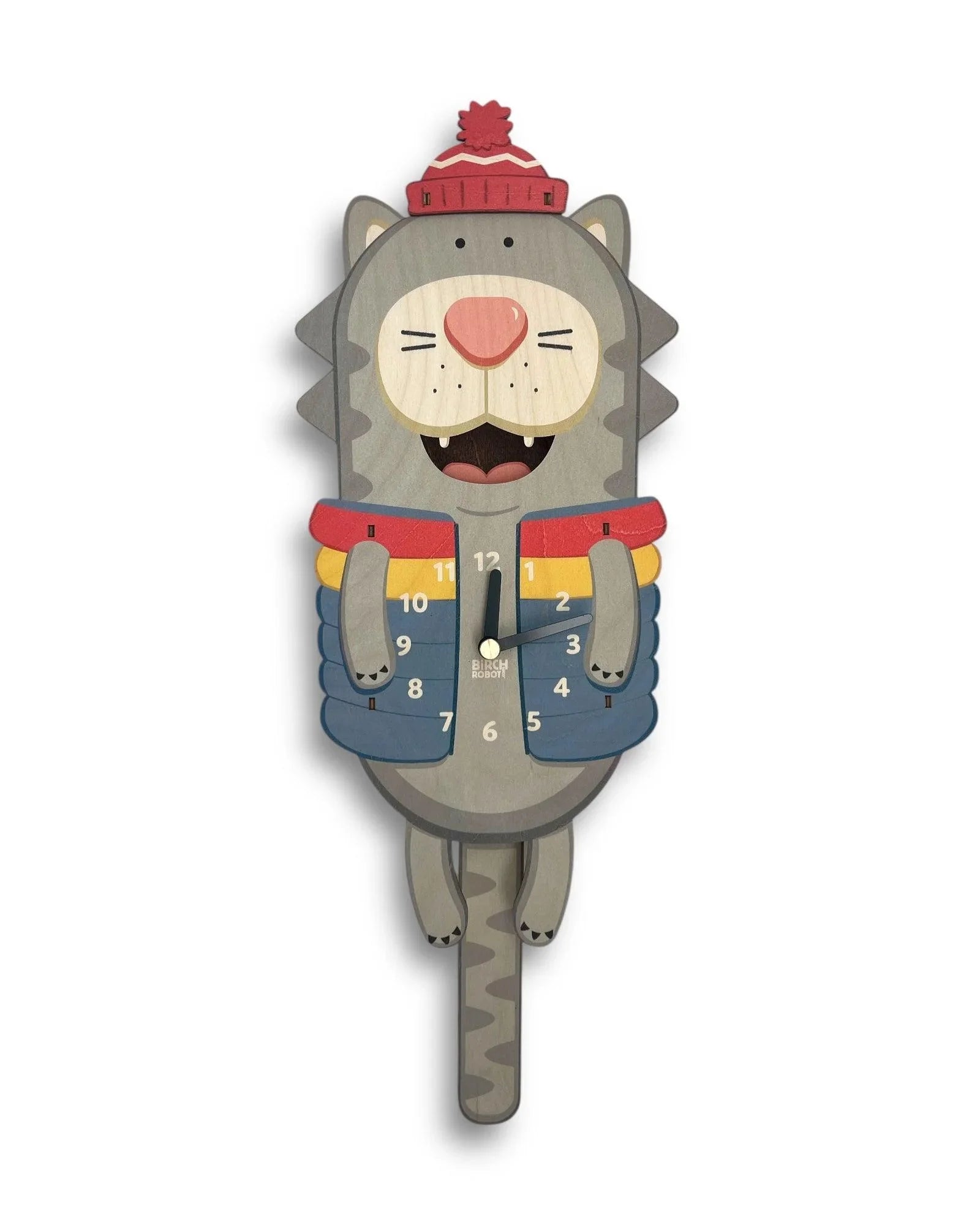 Gray cat wall clock with a red hat and colorful vest, whimsical animal home decor
