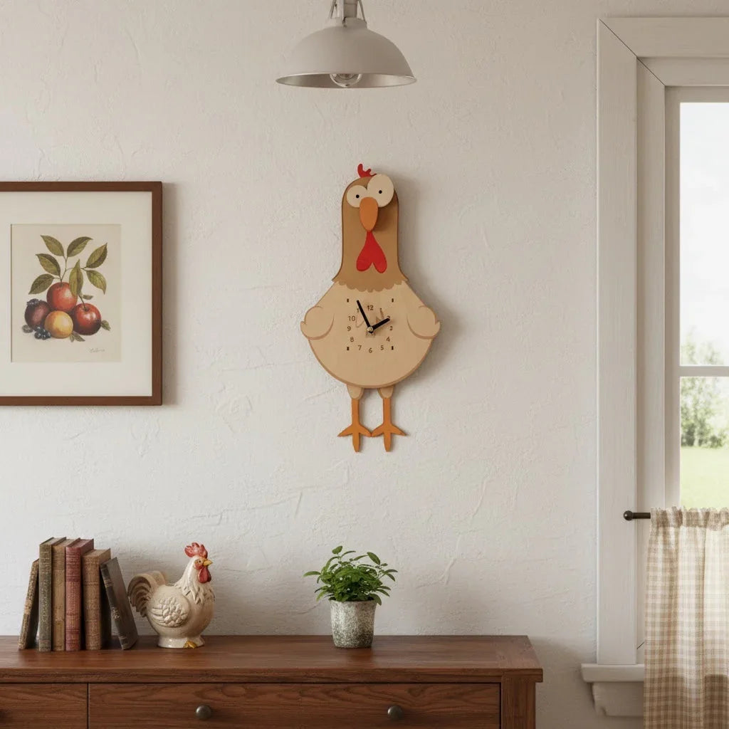 Chicken-shaped wall clock in cozy kitchen with farmhouse decor and wooden sideboard