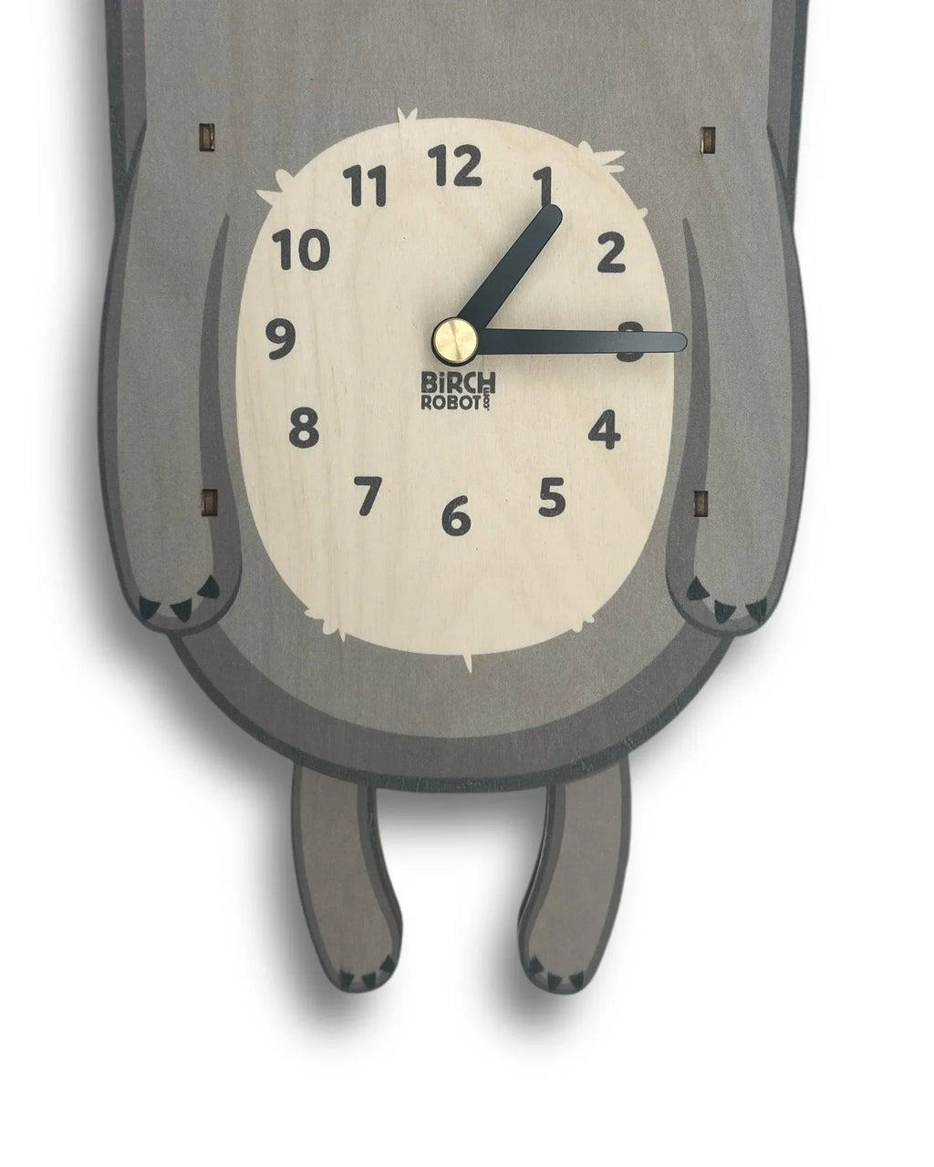 Handcrafted wooden koala wall clock with minimalist numbers and black clock hands