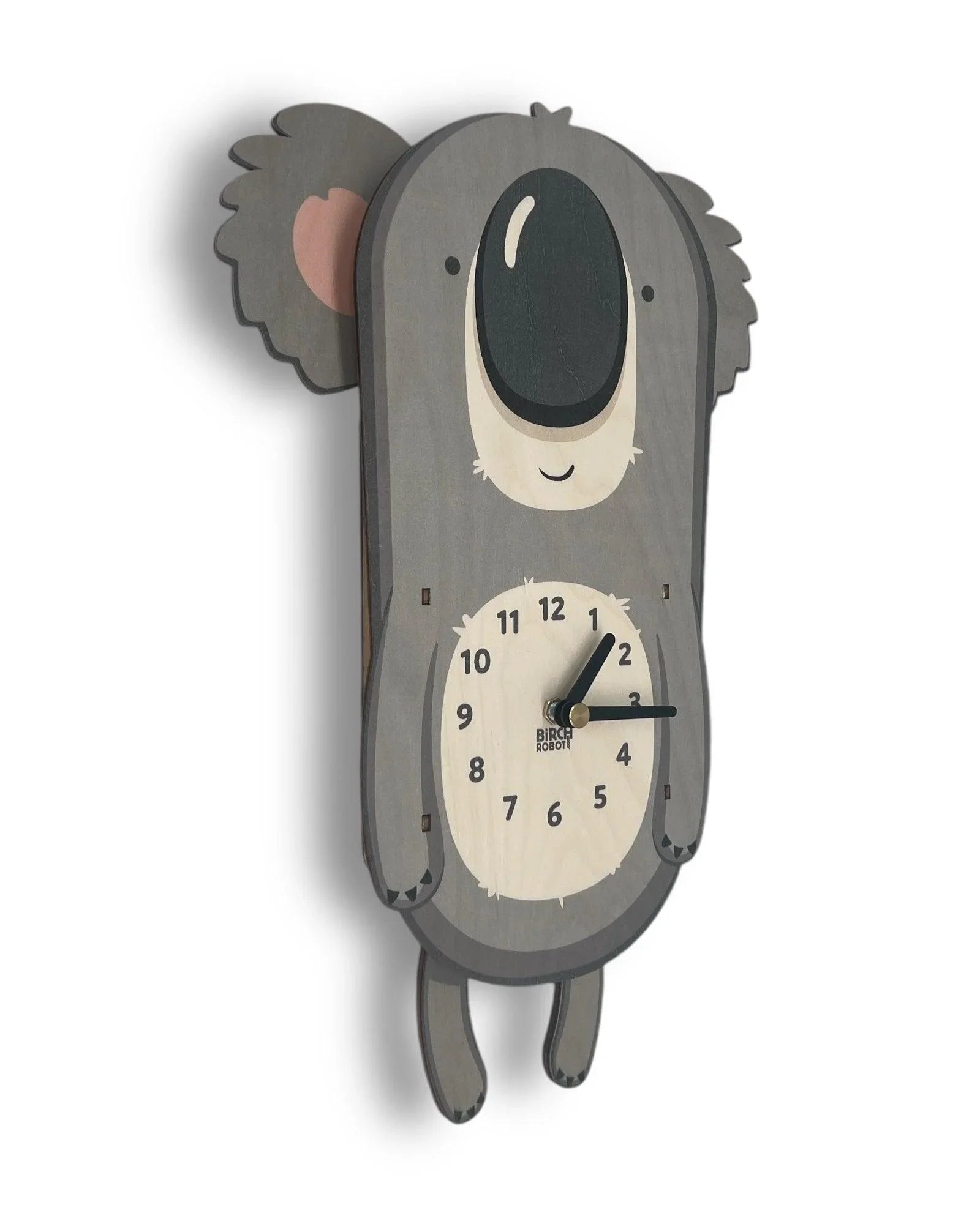 Handcrafted koala wall clock with cute animal design, wood finish, and visible clock face.