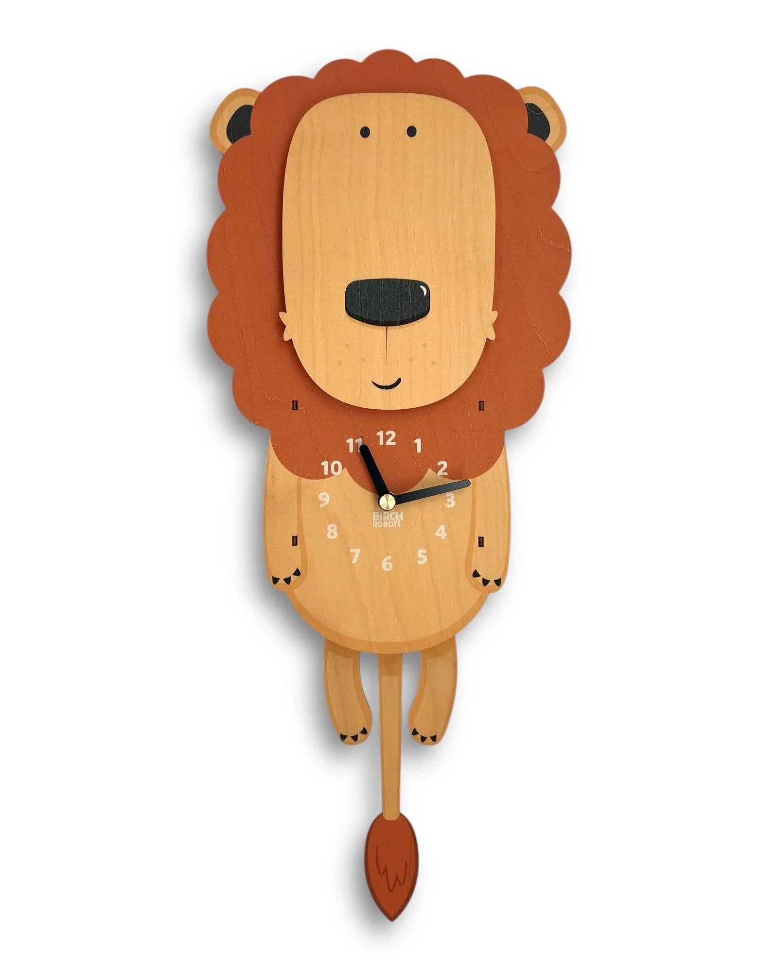 Handcrafted wooden lion wall clock with moving tail, kids room decor, animal design