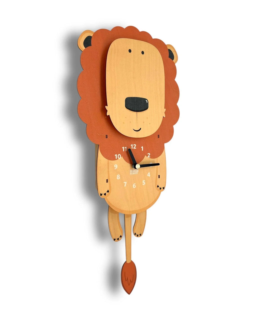 Handcrafted wooden lion wall clock with swinging tail, playful animal decor design