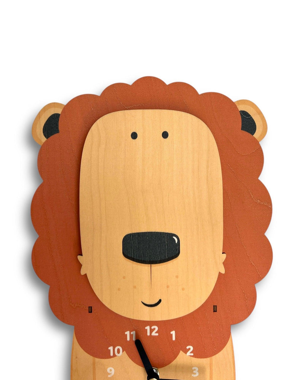 Handcrafted wooden lion clock with orange mane and minimal design, unique wall decor.