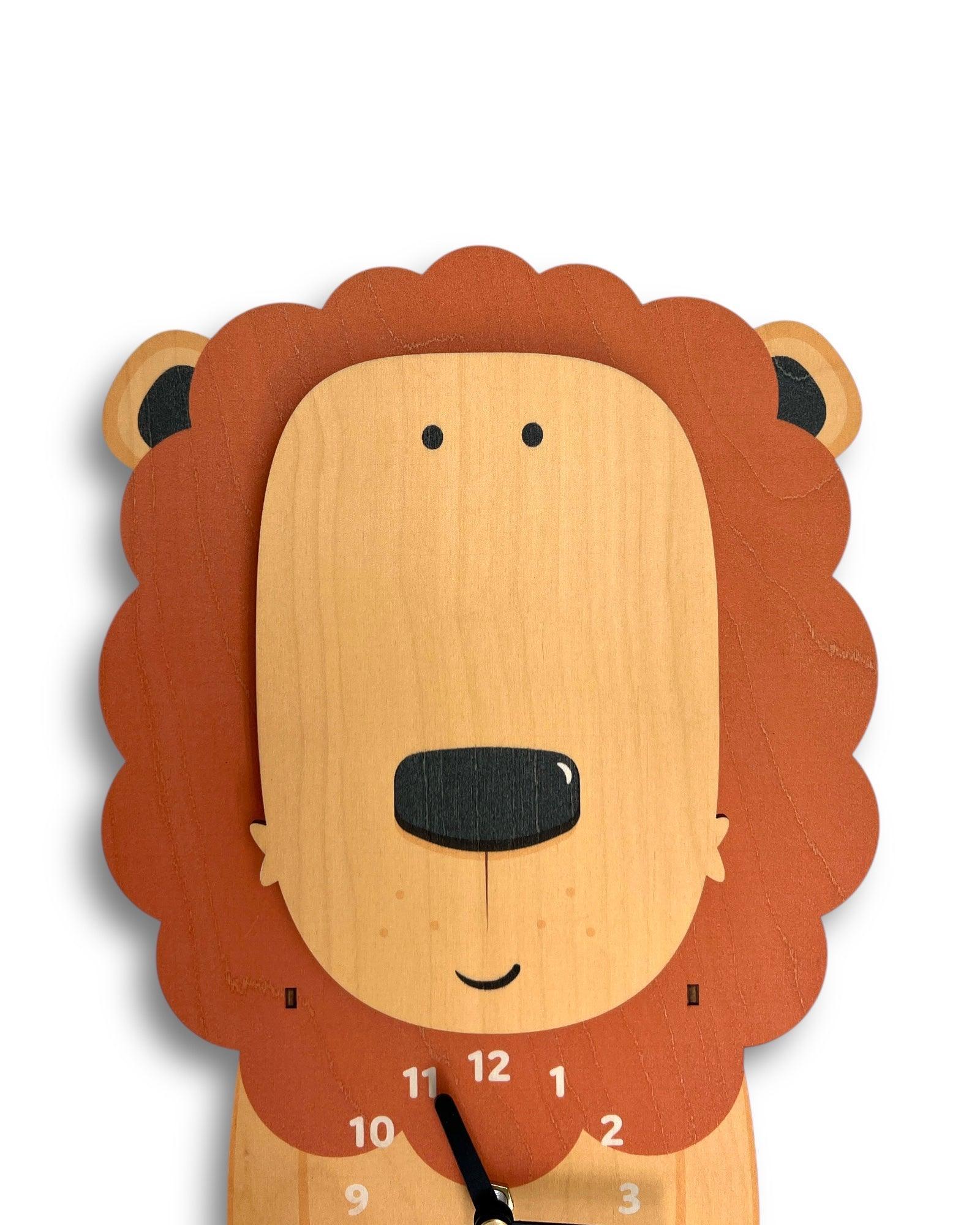 Handcrafted wooden lion clock with orange mane and minimal design, unique wall decor.