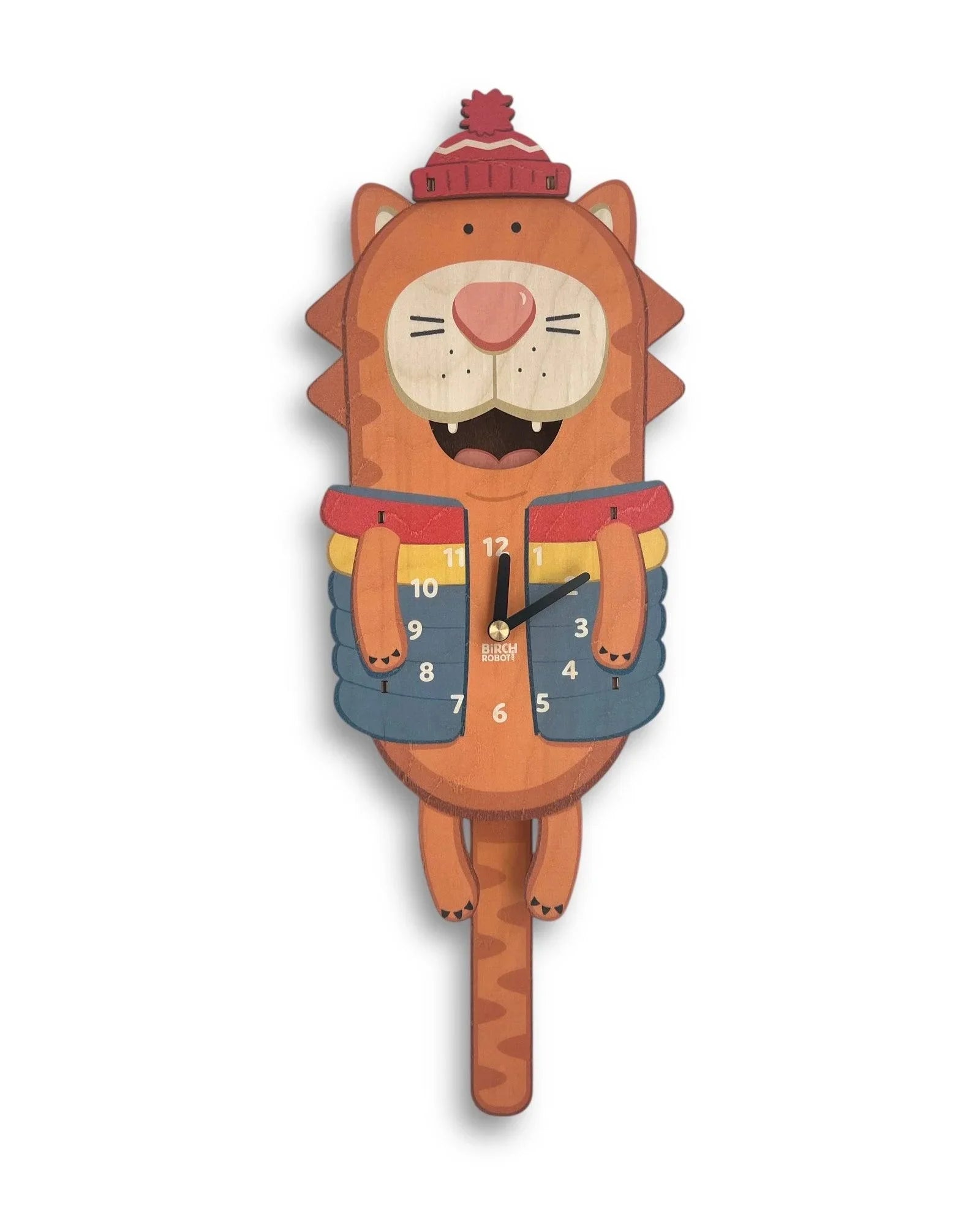 Playful orange cat wall clock with winter hat, blue jacket, and swinging tail pendulum