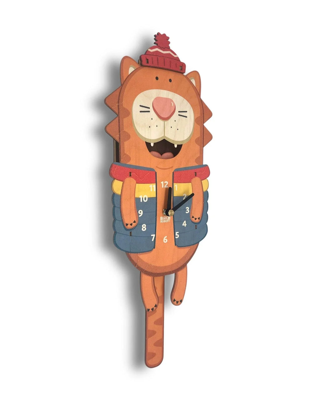 Handcrafted wooden lion wall clock with red hat and blue jacket, whimsical design.