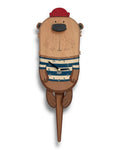 Handcrafted otter wall clock with striped shirt and red hat, unique wooden design