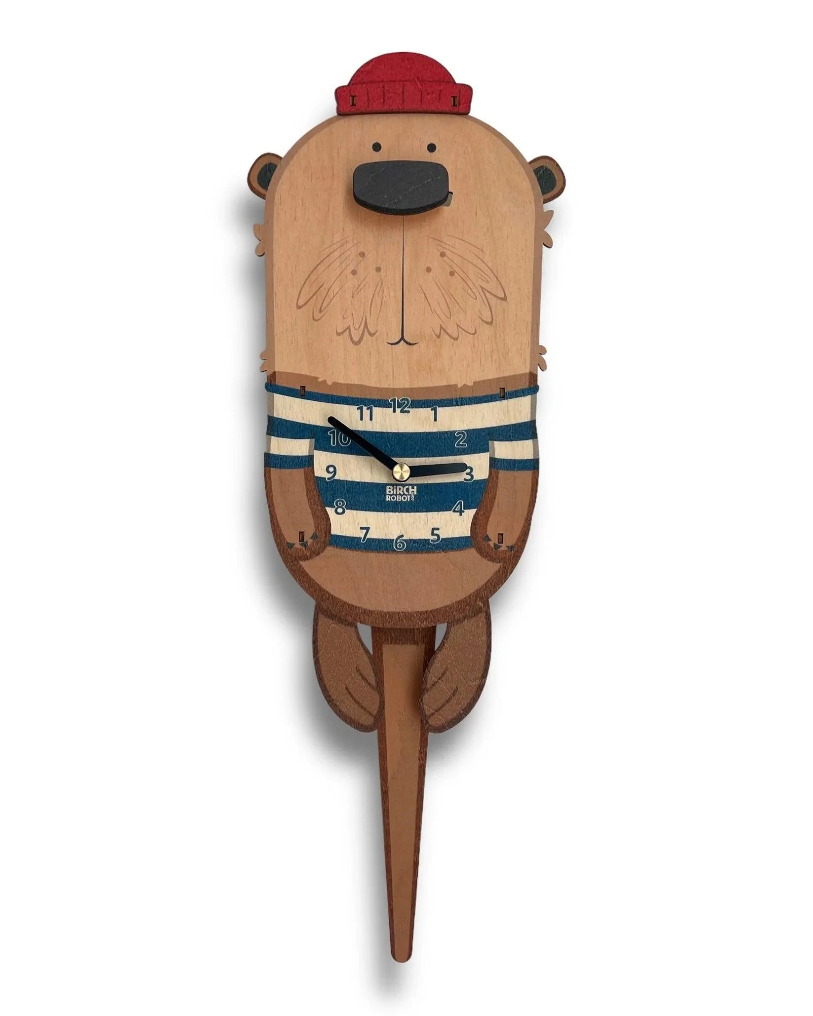 Handcrafted otter wall clock with striped shirt and red hat, unique wooden design