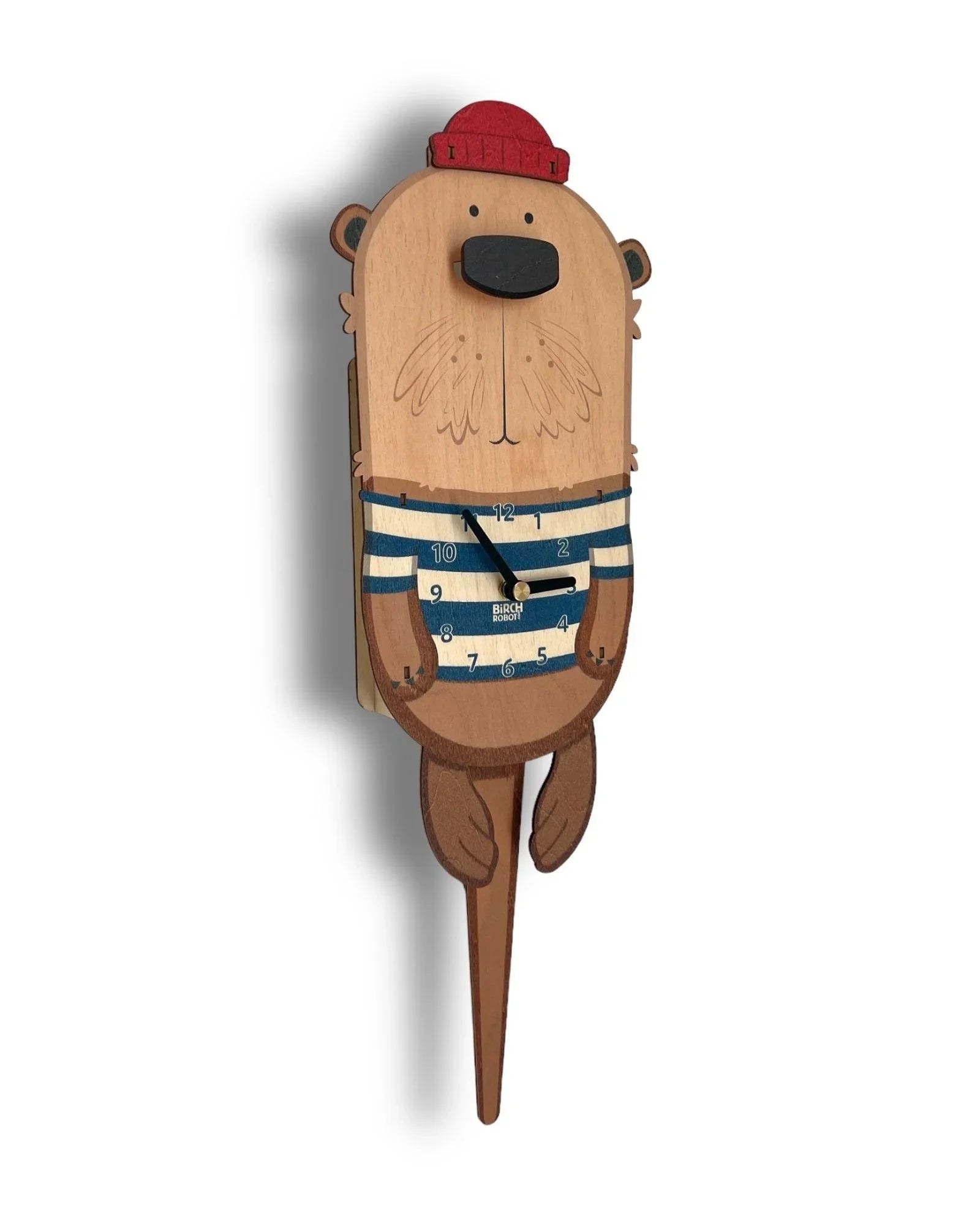 Handcrafted wooden otter wall clock with red hat and striped shirt, whimsical decor