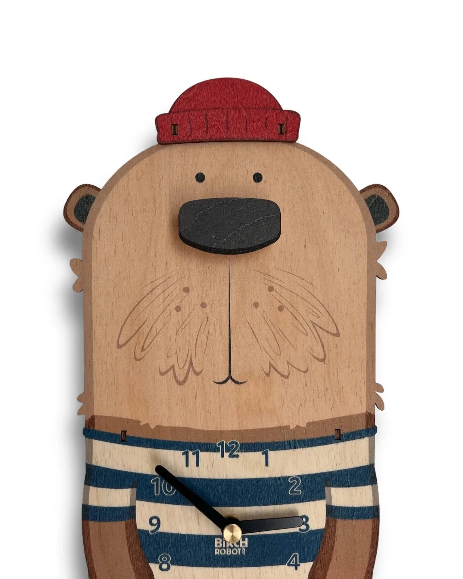 Handcrafted otter-shaped wooden wall clock with red hat and striped shirt design
