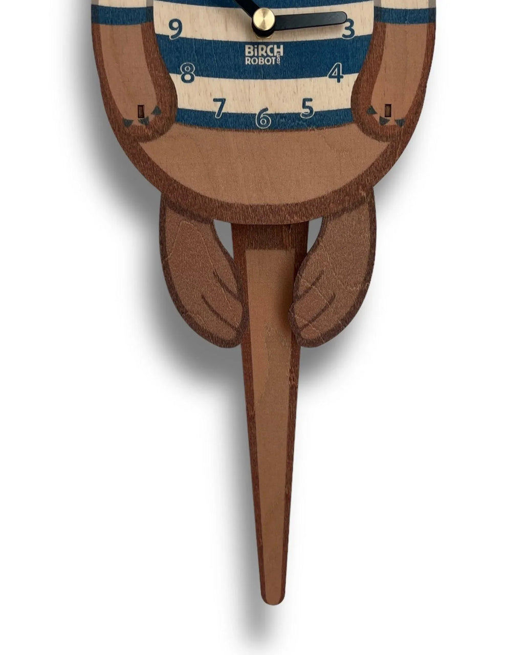 Close-up of a handcrafted wooden otter wall clock with striped belly, swinging tail pendulum.