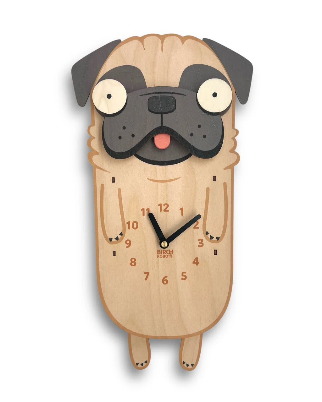 Handcrafted wooden wall clock shaped like a cartoon pug dog, modern playful home decor.