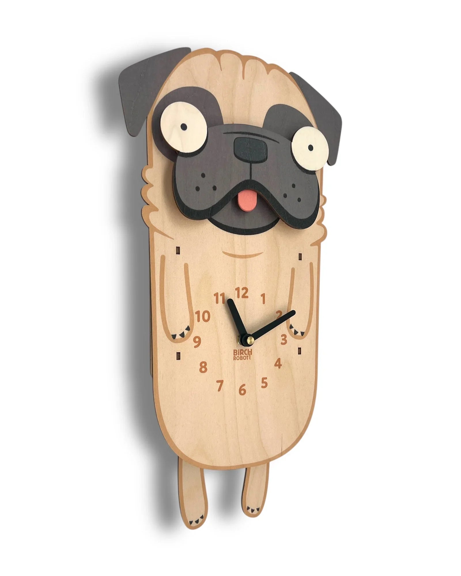 Whimsical wooden wall clock shaped like a pug dog, featuring bold black clock hands.
