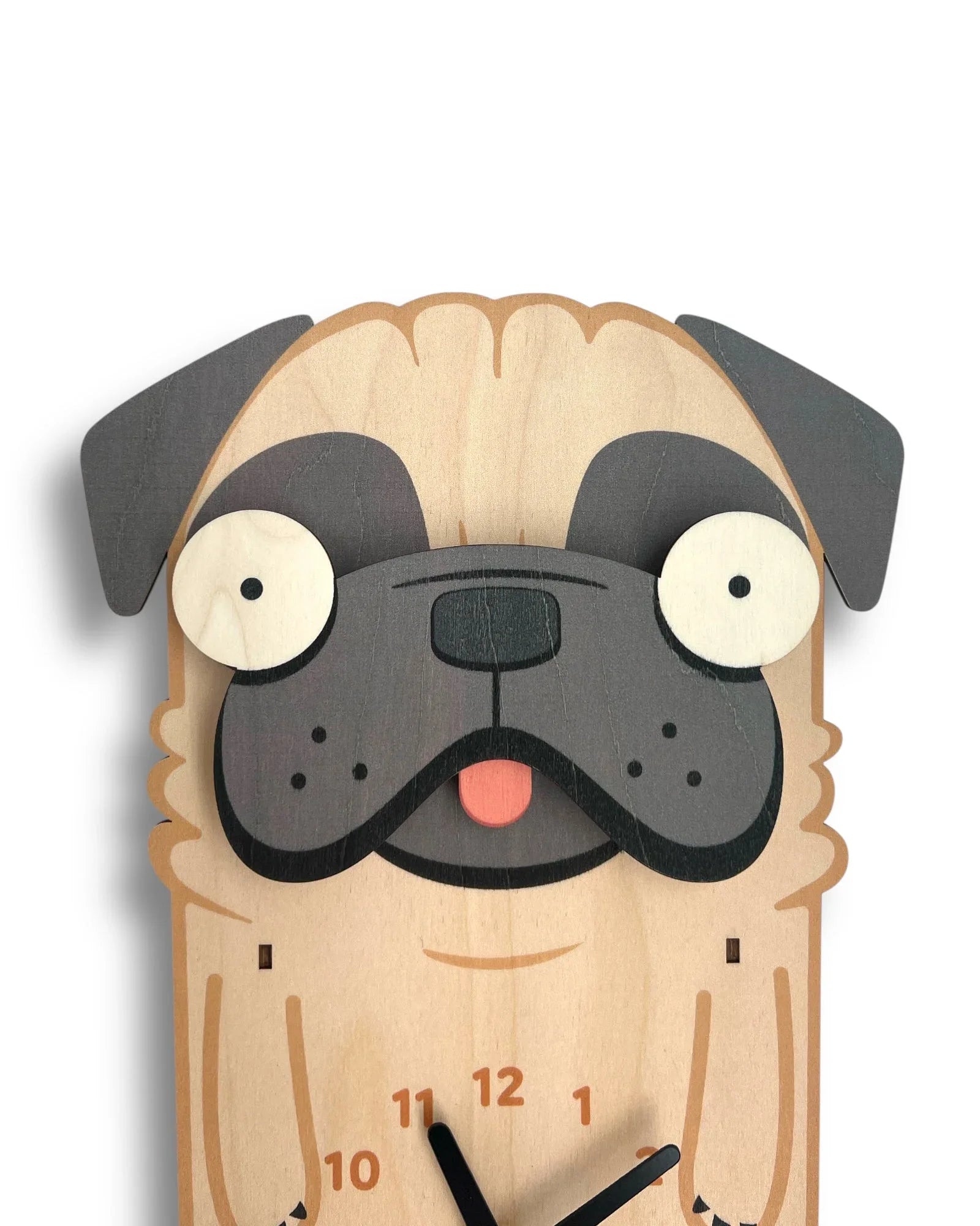 Handcrafted wooden wall clock shaped like a pug dog with bold black clock hands