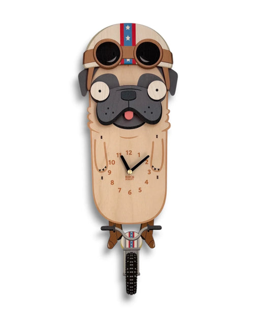 Quirky wall clock shaped like a biker pug dog with goggles, helmet, and bike handlebar.