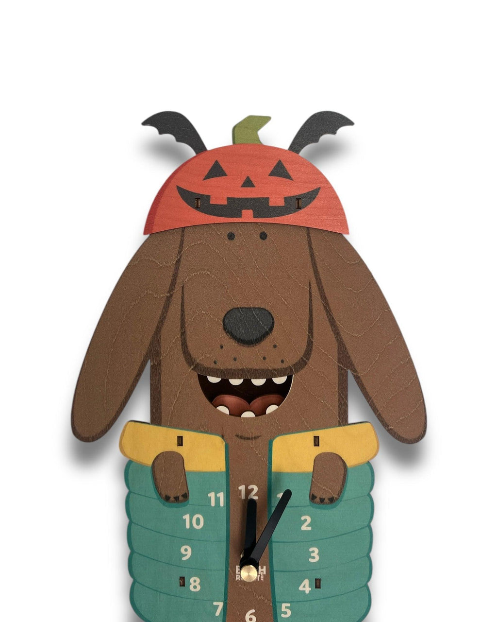 Dog wall clock with pumpkin hat and bat wings, whimsical decorative timepiece
